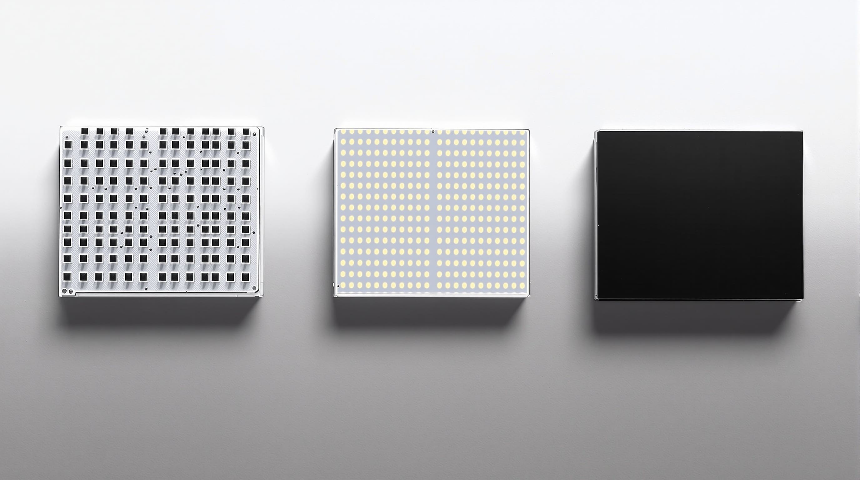 Три фрагмента LED-панели рядом: отдельные корпуса диодов, поверхность под заливкой и монолитная чёрная поверхность
